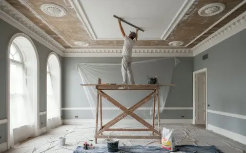 Un operaio sta intonacando il soffitto di una stanza elegante, con impalcature e teli protettivi.