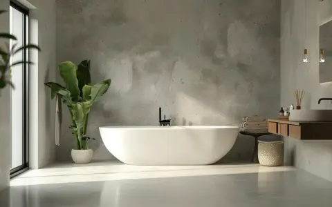 Bagno moderno con vasca freestanding e lavabo sospeso. Le pareti effetto resina creano un'atmosfera zen.