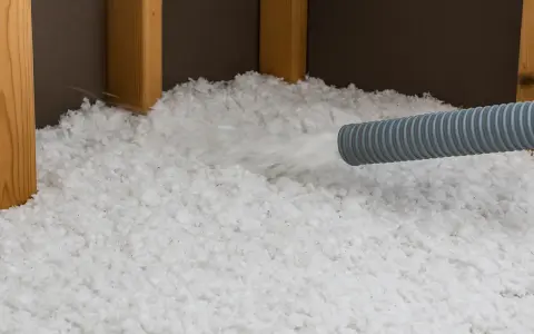 Installazione di isolamento soffiato, simile alla lana di roccia o lana di vetro, in una struttura in legno.