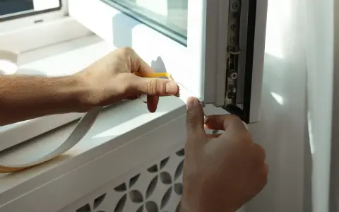 Mani applicano nastro isolante per sigillare le finestre dagli spifferi, migliorando l'isolamento termico.