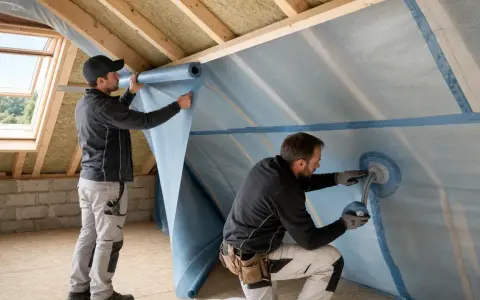 Operai installano membrana traspirante per tetto. La permeabilità al vapore dei materiali è fondamentale per l'isolamento.