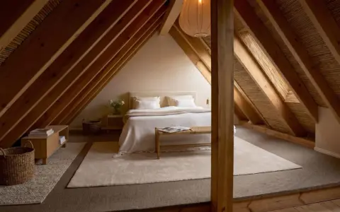 Accogliente camera da letto in un **sottotetto bassissimo**, con travi in legno a vista e un letto bianco immacolato.