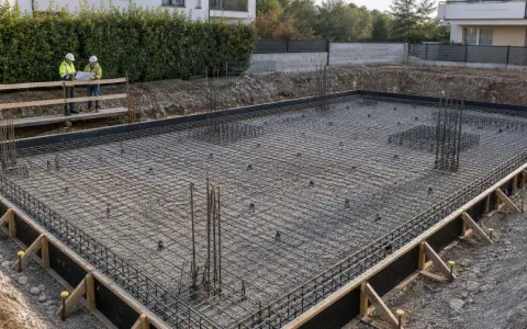 Costruzione di una platea di fondazione con rete metallica e armature in vista. Due operai con caschi discutono il progetto.