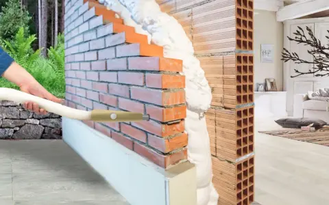Applicazione di schiuma isolante termica in una parete di mattoni per un maggiore comfort abitativo.