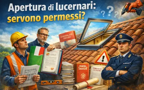 Operai e vigile esaminano documenti su un tetto con lucernario aperto. Attenzione ai **lucernari abusivi** e alle relative **sanzioni**.