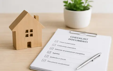 Modello di casa in legno accanto a un checklist documenti, ideale per un esempio capitolato casa nuova costruzione.
