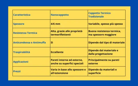 Tabella comparativa: Nanocappotto vs. Cappotto Termico Tradizionale. Il nanocappotto è sottile, efficiente e versatile.