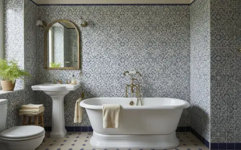 Bagno con piastrelle blu e bianche, vasca freestanding e lavabo a colonna. Un esempio per capire quanto costa piastrellare un bagno.