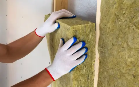 Mani guantate posizionano un pannello di lana di roccia, un materiale da **cemento isolante termico**, all'interno di una struttura in legno.