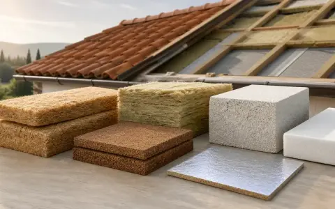 Vari materiali isolanti, tra cui pannelli per rasante termico per esterno, disposti davanti a un tetto in fase di ristrutturazione.