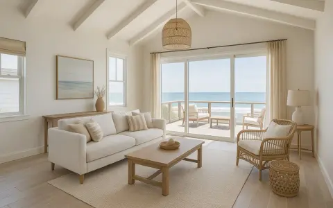 Soggiorno luminoso con vista mare, perfetto per idee ristrutturazione casa al mare. Divano bianco, tavolino in legno e poltrona in rattan creano un'atmosfera rilassante.