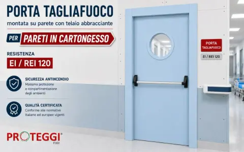 Porta tagliafuoco per pareti in cartongesso, con resistenza EI/REI 120, garantisce sicurezza e compartimentazione.