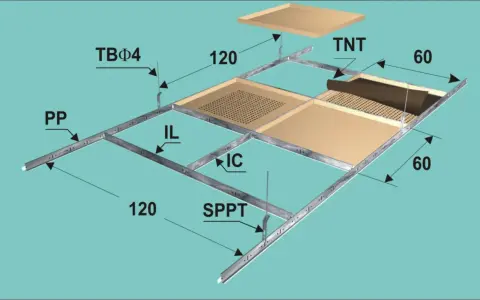 Schema di un controsoffitto modulare con pannelli in cartongesso e TNT. Indicazioni su spessore soffitto e dimensioni.
