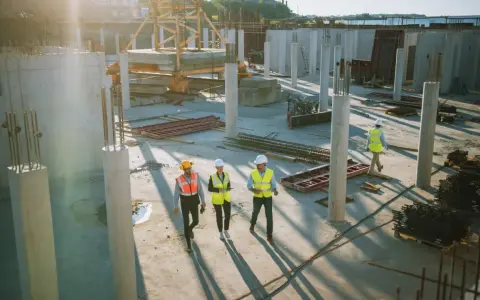 Un cantiere edile con operai in giubbotti ad alta visibilità. Il general contractor cos'è? È chi coordina i lavori, gestendo fornitori e tempi per un progetto di successo.