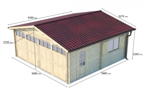 Garage in legno per 2 auto, con dimensioni 5980x6380 mm. Ideale per ospitare due veicoli, offre spazio e protezione.