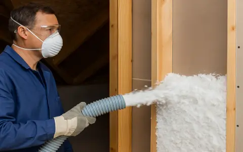 Operaio con maschera e occhiali insuffla materiale isolante. Attenzione: la lana di vetro è infiammabile.