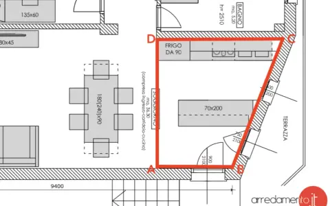 Planimetria con area evidenziata in rosso, utile per capire come si calcola il metro quadro di un soggiorno.