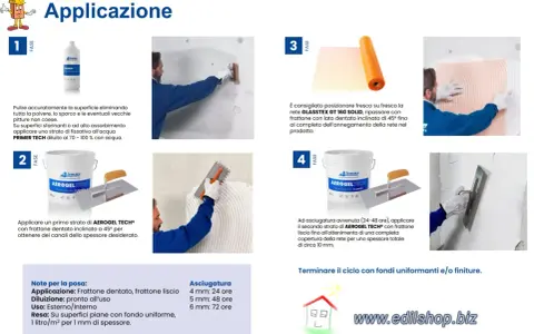 Applicazione di pannelli aerogel per cappotto interno: pulizia, primer, posa rete e stesura prodotto con frattone.