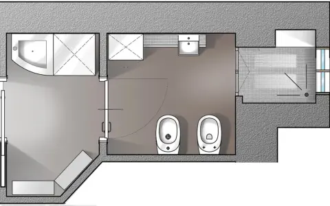 Pianta di un bagno con doccia, lavandino, due WC e un bidet. L'antibagno obbligatorio è ben visibile.