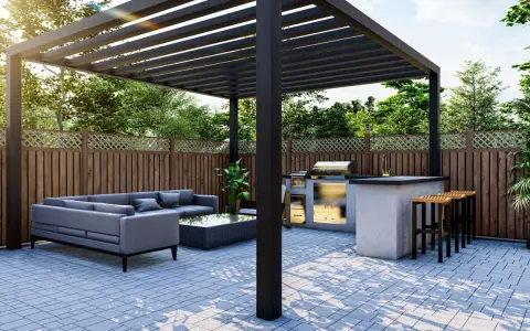 Pergolato moderno con zona relax e cucina esterna, ideale per chi cerca come coprire un terrazzo dalla pioggia e godersi lo spazio all'aperto.