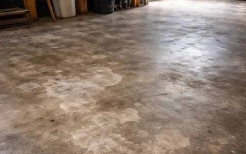 Pavimenti in cemento con macchie chiare, forse residui di acido muriatico dopo la pulizia.