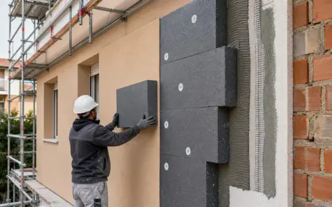 Operaio applica pannelli isolanti per il cappotto casa. Lavori di ristrutturazione in corso.