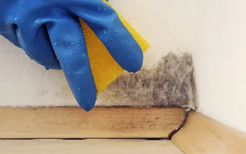Mano con guanto blu e spugna gialla pulisce la muffa da un angolo. Un passo per togliere odore di muffa dal compensato.