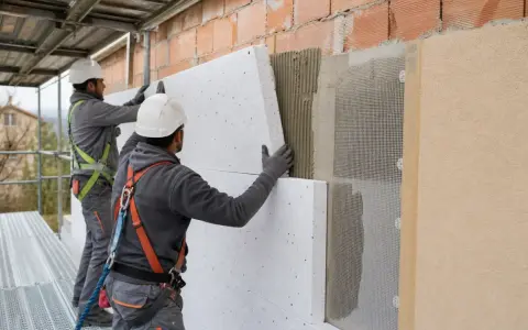 Operai in cantiere applicano pannelli isolanti per forare cappotto termico. Lavori di isolamento esterno.