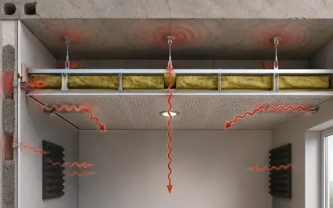 Sistema per insonorizzare soffitto: lana di roccia e pannelli fonoassorbenti bloccano le onde sonore, creando un ambiente silenzioso.