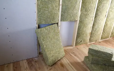 Installazione di materiali coibentanti in lana di roccia per l'isolamento termico di una parete in costruzione.