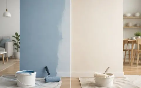 Pittura lavabile: un lato blu, un lato beige, con secchi e rulli. Valutare i pro e contro per la tua casa.