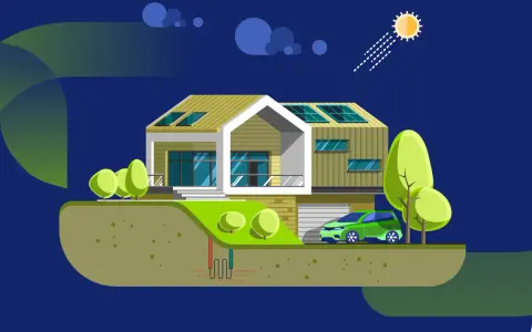 Casa moderna con pannelli solari, auto elettrica e sistema geotermico. L'efficientamento energetico significato in un'immagine.