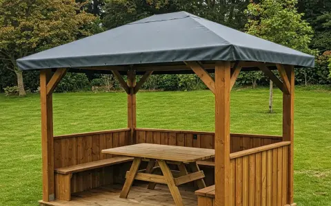 Gazebo in legno con tavolo e panche, perfetto per idee gazebo fai da te in giardino.