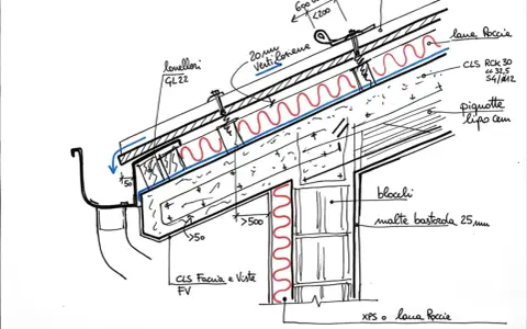Dettaglio costruttivo di una copertura in laterocemento con isolamento in lana roccia e blocchi in malta.