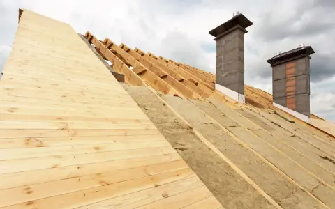 Costruzione tetto con isolamento termico: legno, lana di roccia e camini in muratura sotto un cielo nuvoloso.