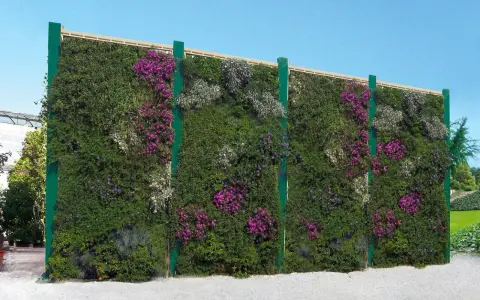 Muro verde fiorito, un'idea per barriere antirumore giardino fai da te. Piante rigogliose e fiori viola creano un'oasi di pace.