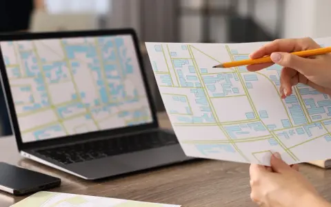 Mano con matita analizza mappa con edifici, forse per una **categoria catastale a3**. Laptop con mappa simile sullo sfondo.