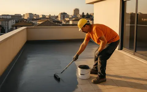 Operaio con casco giallo applica impermeabilizzante su un terrazzo, un vero rifacimento terrazzo a regola d'arte.