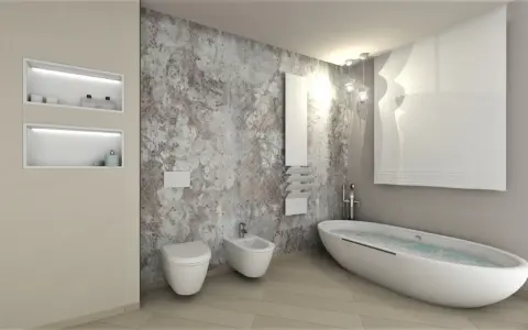 Bagno moderno con vasca ovale, WC, bidet e nicchie a muro. Un esempio di come ottenere un ottimo costo bagno completo con design ricercato.