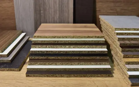 Campioni di laminato plastico con diverse finiture effetto legno e colori solidi, impilati su un piano di legno.
