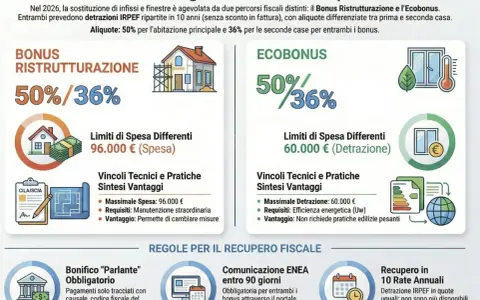 Bonus Ristrutturazione e Ecobonus: detrazioni IRPEF in 10 anni per infissi. 50% prima casa, 36% seconda. Scegli l'incentivo giusto!