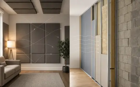 Differenza tra fonoassorbente e fonoisolante: pannelli a parete e soffitto assorbono il suono, mentre la struttura a muro blocca il rumore.