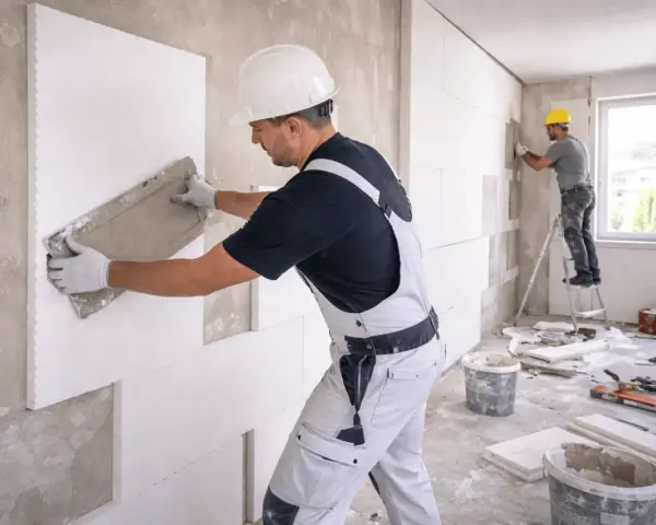Operai al lavoro per i lavori di coibentazione, applicano pannelli isolanti su una parete interna.