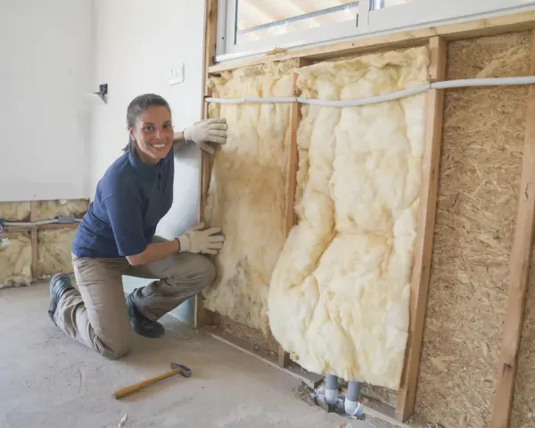 Donna con guanti installa isolamento in lana di vetro per come isolare il legno dal calore.