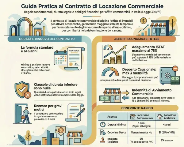 Guida pratica locazione commerciale: durata 6+6 anni, deposito cauzionale max 3 mensilità, imposta registro 2%.