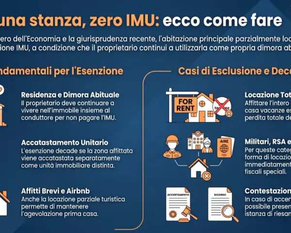 Affittare una stanza permette di mantenere l'agevolazione prima casa e zero IMU, se si continua a risiedere nell'immobile.