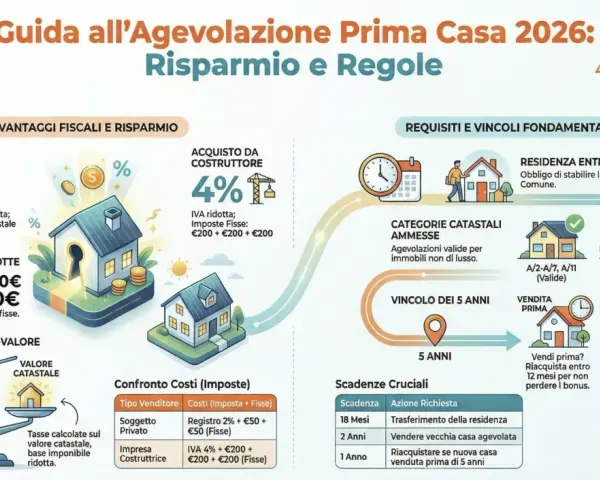 Guida all'Agevolazione Prima Casa 2026: acquisto da costruttore con IVA ridotta al 4% e imposte fisse.