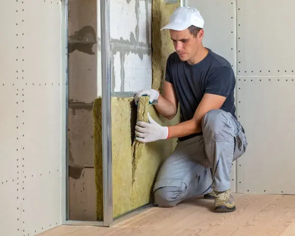 Operaio installa materiale isolante, il **miglior isolante acustico per pareti interne**, in una struttura metallica per un'ottima insonorizzazione.