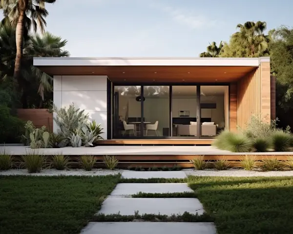 Moderna casa prefabbricata con ampie vetrate e tetto spiovente. Ottimi tetti prefabbricati prezzi al mq per un design contemporaneo.