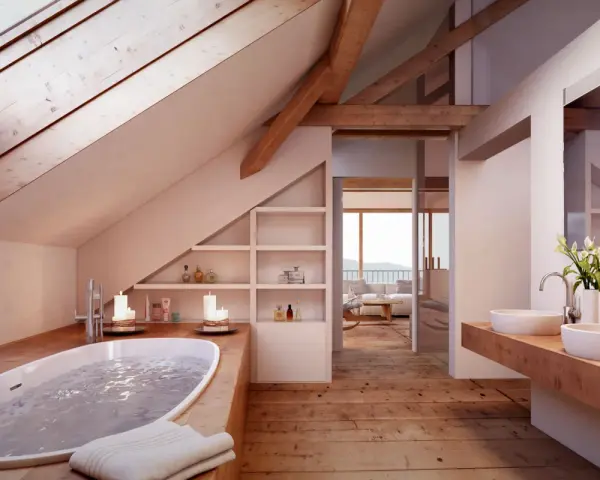 Bagno nel sottotetto non abitabile con vasca, lavandini e vista panoramica. Legno e luce creano un'atmosfera rilassante.